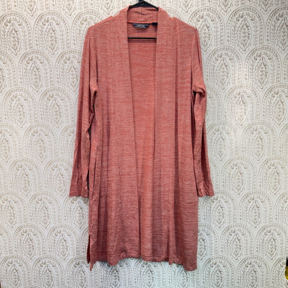 Lands' End Cardigan Women M 10-12 Pink Space Dye Open Front Longline Pockets
